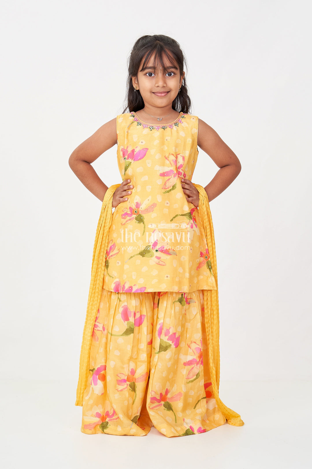The Nesavu Girls Sharara / Plazo Set Sharara Outfits for Girls in Viscose Silk with Yellow Floral Print and Matching Dupatta Nesavu Sharara Outfits for Girls in Yellow Floral Digital Print with Viscose Silk and Dupatta | The Nesavu
