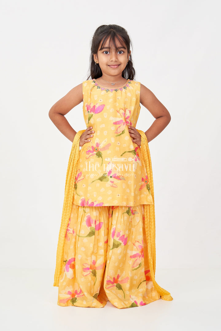 The Nesavu Girls Sharara / Plazo Set Sharara Outfits for Girls in Viscose Silk with Yellow Floral Print and Matching Dupatta Nesavu Sharara Outfits for Girls in Yellow Floral Digital Print with Viscose Silk and Dupatta | The Nesavu