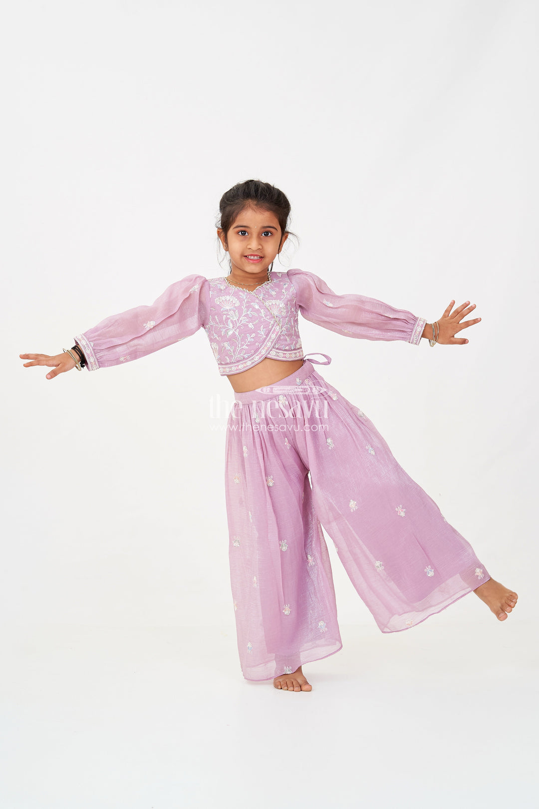 The Nesavu Girls Sharara / Plazo Set Sharara Purple Set for Girls in Organza with Sequence Thread Embroidery and Long Sleeve Top Nesavu 16 (1Y) / Purple GPS600A-16 Sharara Purple Organza Set Girls Sequence Embroidered Top Matching Dupatta | The Nesavu