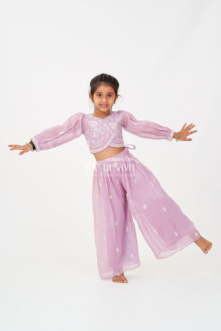 The Nesavu Girls Sharara / Plazo Set Sharara Purple Set for Girls in Organza with Sequence Thread Embroidery and Long Sleeve Top Nesavu 16 (1Y) / Purple GPS600A-16 Sharara Purple Organza Set Girls Sequence Embroidered Top Matching Dupatta | The Nesavu