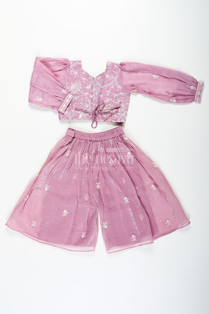 The Nesavu Girls Sharara / Plazo Set Sharara Purple Set for Girls in Organza with Sequence Thread Embroidery and Long Sleeve Top Nesavu Sharara Purple Organza Set Girls Sequence Embroidered Top Matching Dupatta | The Nesavu