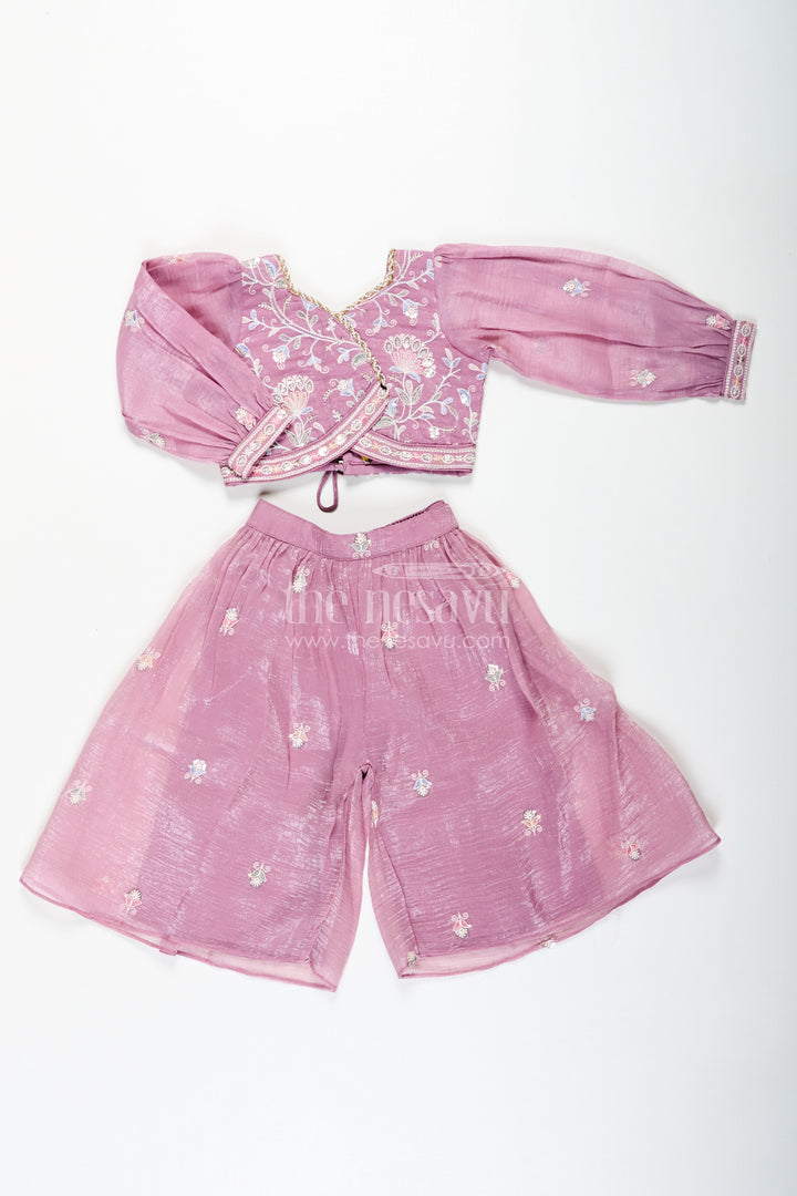 The Nesavu Girls Sharara / Plazo Set Sharara Purple Set for Girls in Organza with Sequence Thread Embroidery and Long Sleeve Top Nesavu Sharara Purple Organza Set Girls Sequence Embroidered Top Matching Dupatta | The Nesavu