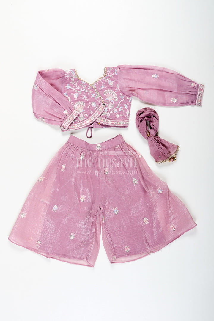 The Nesavu Girls Sharara / Plazo Set Sharara Purple Set for Girls in Organza with Sequence Thread Embroidery and Long Sleeve Top Nesavu Sharara Purple Organza Set Girls Sequence Embroidered Top Matching Dupatta | The Nesavu