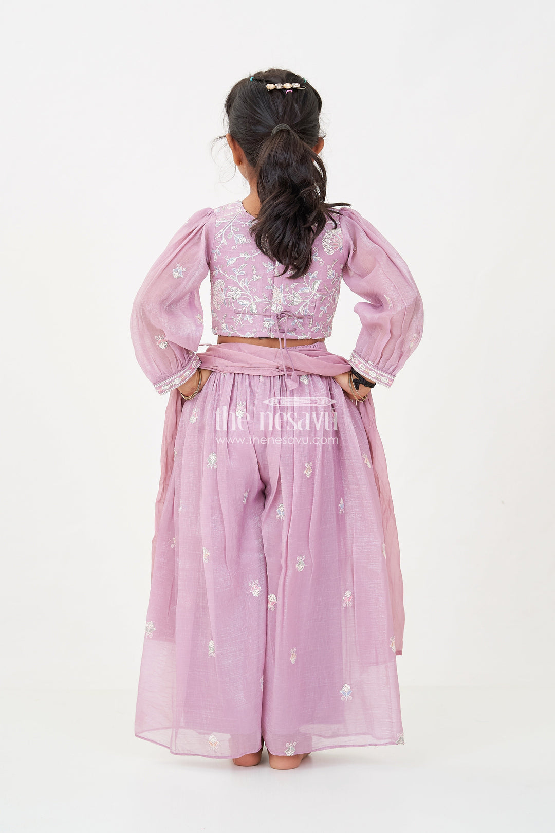 The Nesavu Girls Sharara / Plazo Set Sharara Purple Set for Girls in Organza with Sequence Thread Embroidery and Long Sleeve Top Nesavu Sharara Purple Organza Set Girls Sequence Embroidered Top Matching Dupatta | The Nesavu