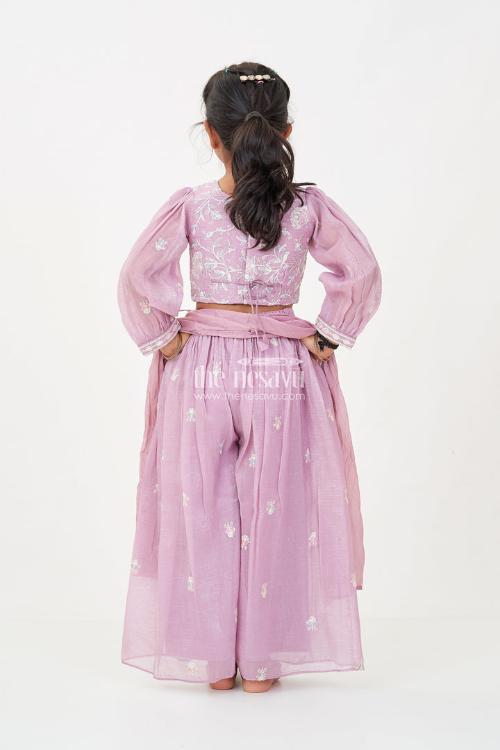 The Nesavu Girls Sharara / Plazo Set Sharara Purple Set for Girls in Organza with Sequence Thread Embroidery and Long Sleeve Top Nesavu Sharara Purple Organza Set Girls Sequence Embroidered Top Matching Dupatta | The Nesavu
