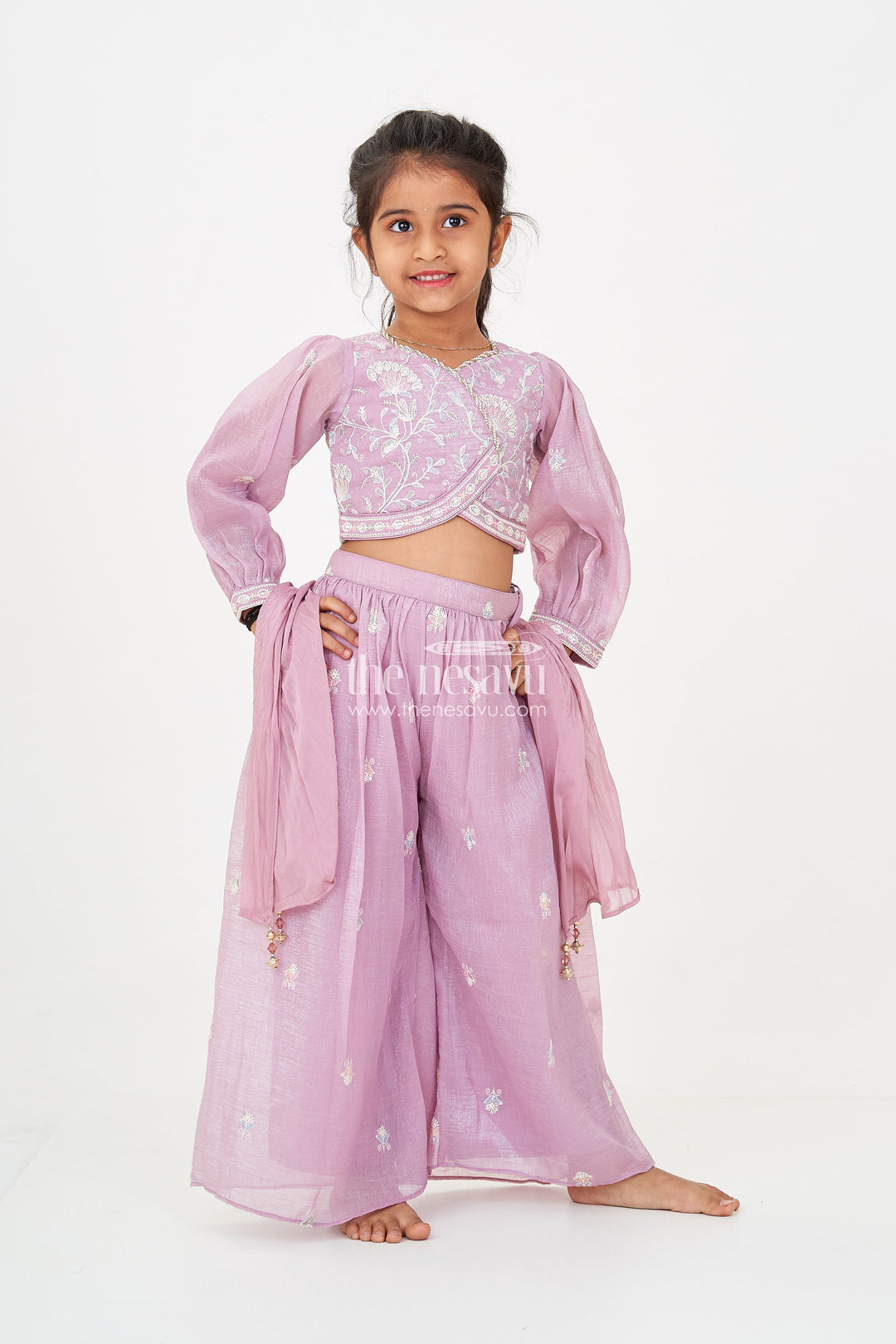 The Nesavu Girls Sharara / Plazo Set Sharara Purple Set for Girls in Organza with Sequence Thread Embroidery and Long Sleeve Top Nesavu Sharara Purple Organza Set Girls Sequence Embroidered Top Matching Dupatta | The Nesavu