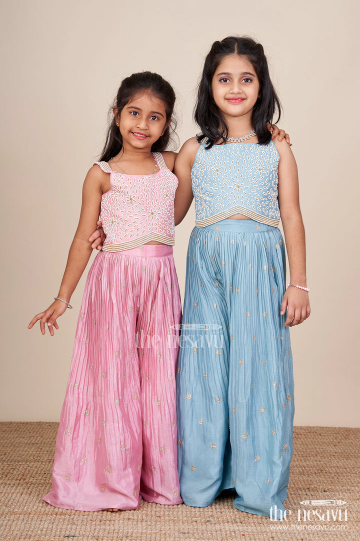 The Nesavu Girls Sharara / Plazo Set Sharara Set for Girls with Embroidered Top for Ethnic Parties Nesavu Nesavu embroidered sharara set girls  ideal Navratri ethnic day celebrations