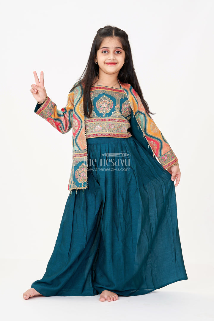 The Nesavu Girls Sharara / Plazo Set Sharara Suit for Girls in Pure Viscose Silk with Digital Print Jacket and Sleeveless Top Nesavu 28 (7Y) / Green GPS577A-28 Sharara Suit Girls Viscose Silk Multicolor Digital Print Jacket Sharara Pant | The Nesavu