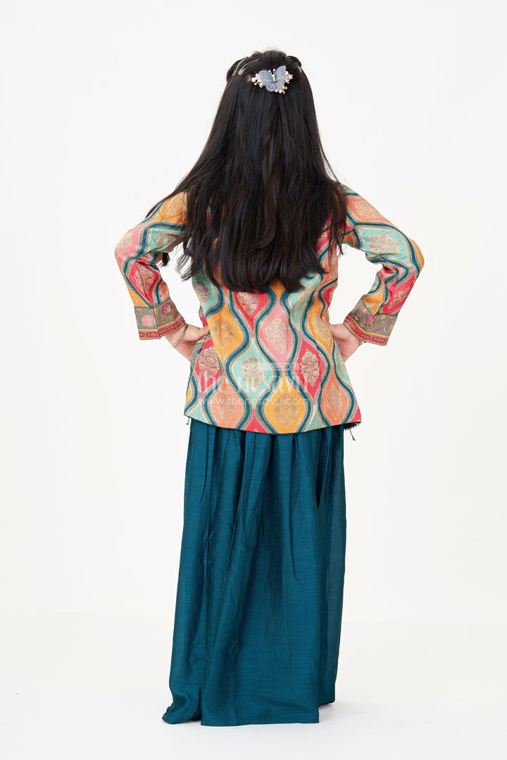 The Nesavu Girls Sharara / Plazo Set Sharara Suit for Girls in Pure Viscose Silk with Digital Print Jacket and Sleeveless Top Nesavu Sharara Suit Girls Viscose Silk Multicolor Digital Print Jacket Sharara Pant | The Nesavu