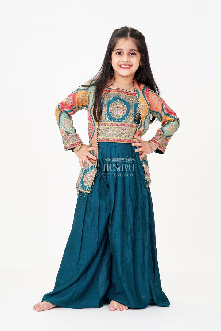 The Nesavu Girls Sharara / Plazo Set Sharara Suit for Girls in Pure Viscose Silk with Digital Print Jacket and Sleeveless Top Nesavu Sharara Suit Girls Viscose Silk Multicolor Digital Print Jacket Sharara Pant | The Nesavu