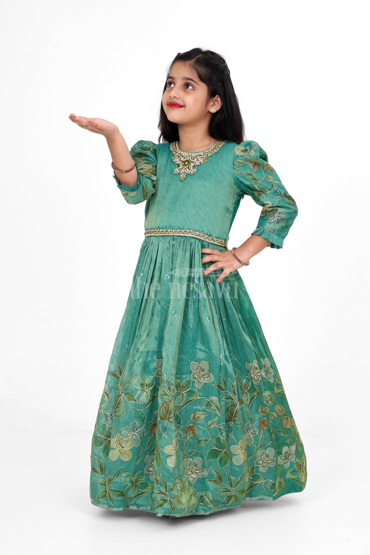 The Nesavu Girls Party Gown Shimmer Tissue Printed Girls Party Gown with Floral Motif for Evening Events and Celebrations Nesavu 24 (5Y) / Green GA285A-24 Nesavu Shimmer Tissue Green Girls Evening Gown Floral Print Ideal Special Celebrations Family Gatherings