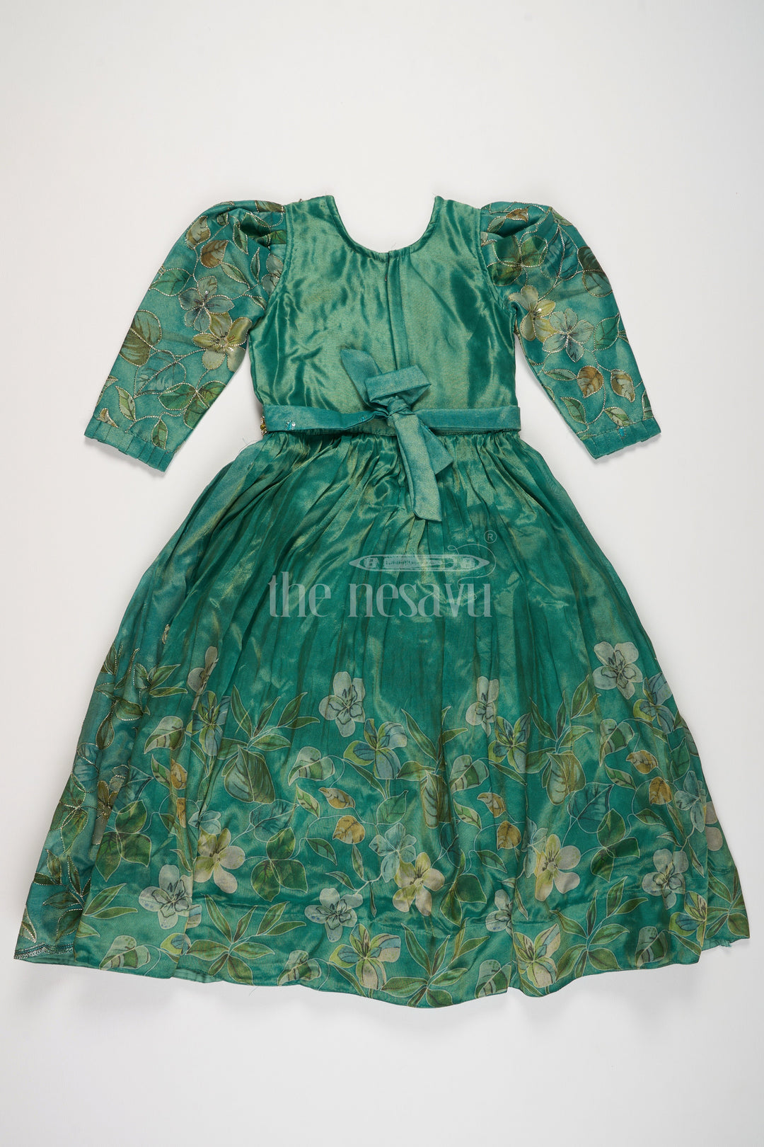 The Nesavu Girls Party Gown Shimmer Tissue Printed Girls Party Gown with Floral Motif for Evening Events and Celebrations Nesavu Nesavu Shimmer Tissue Green Girls Evening Gown Floral Print Ideal Special Celebrations Family Gatherings