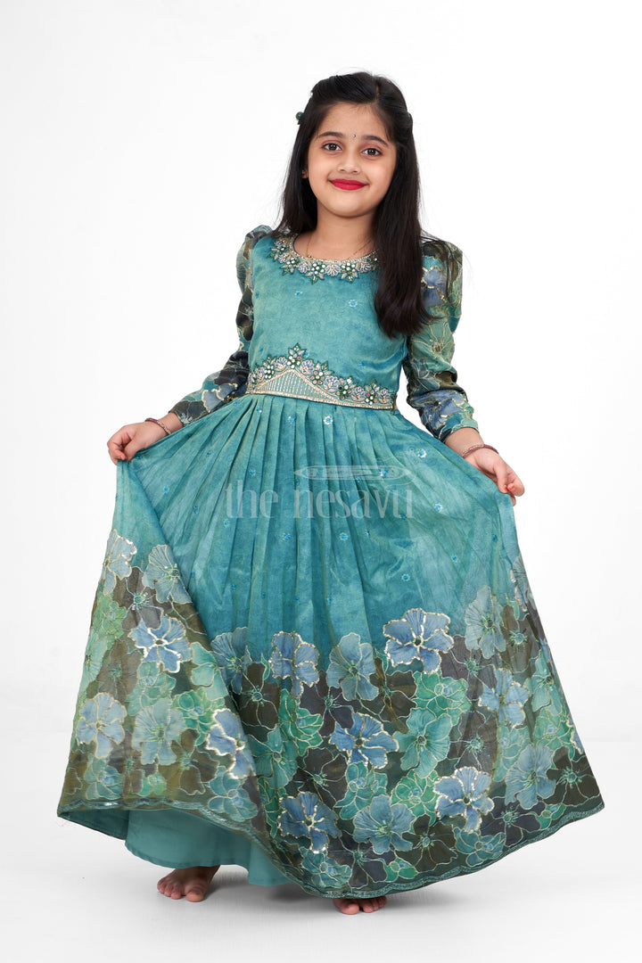 The Nesavu Girls Party Gown Shimmer Tissue Printed Western Girls Party Gown with Embroidery for Birthdays and Festive Gatherings Nesavu 24 (5Y) / Turquoise GA284A-24 Nesavu Turquoise Shimmer Tissue Girls Western Party Gown Embroidery Perfect Birthdays Special Gatherings