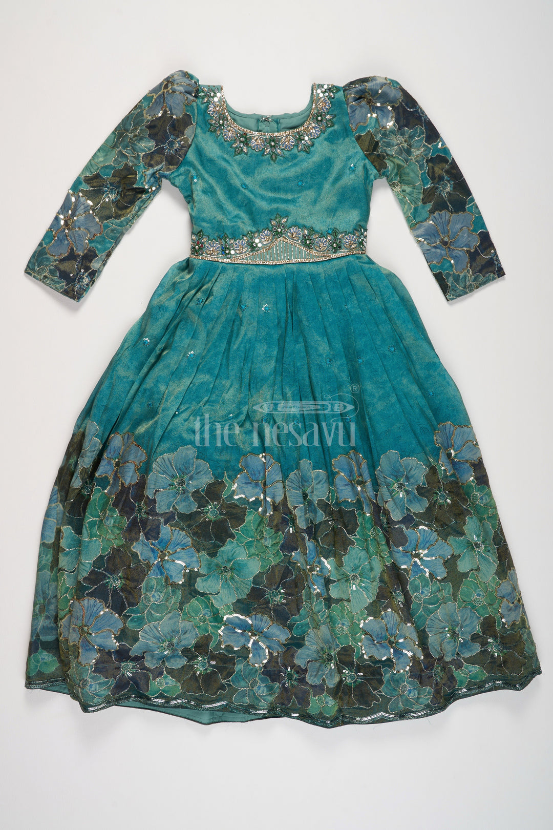 The Nesavu Girls Party Gown Shimmer Tissue Printed Western Girls Party Gown with Embroidery for Birthdays and Festive Gatherings Nesavu Nesavu Turquoise Shimmer Tissue Girls Western Party Gown Embroidery Perfect Birthdays Special Gatherings