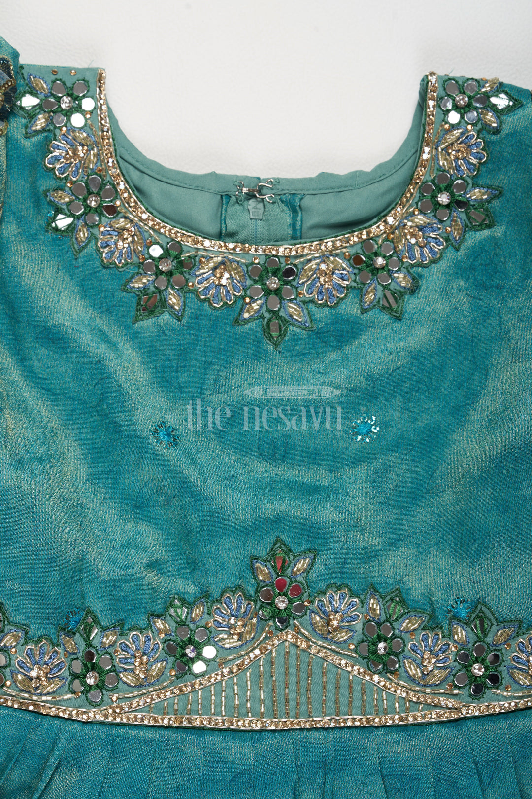 The Nesavu Girls Party Gown Shimmer Tissue Printed Western Girls Party Gown with Embroidery for Birthdays and Festive Gatherings Nesavu Nesavu Turquoise Shimmer Tissue Girls Western Party Gown Embroidery Perfect Birthdays Special Gatherings