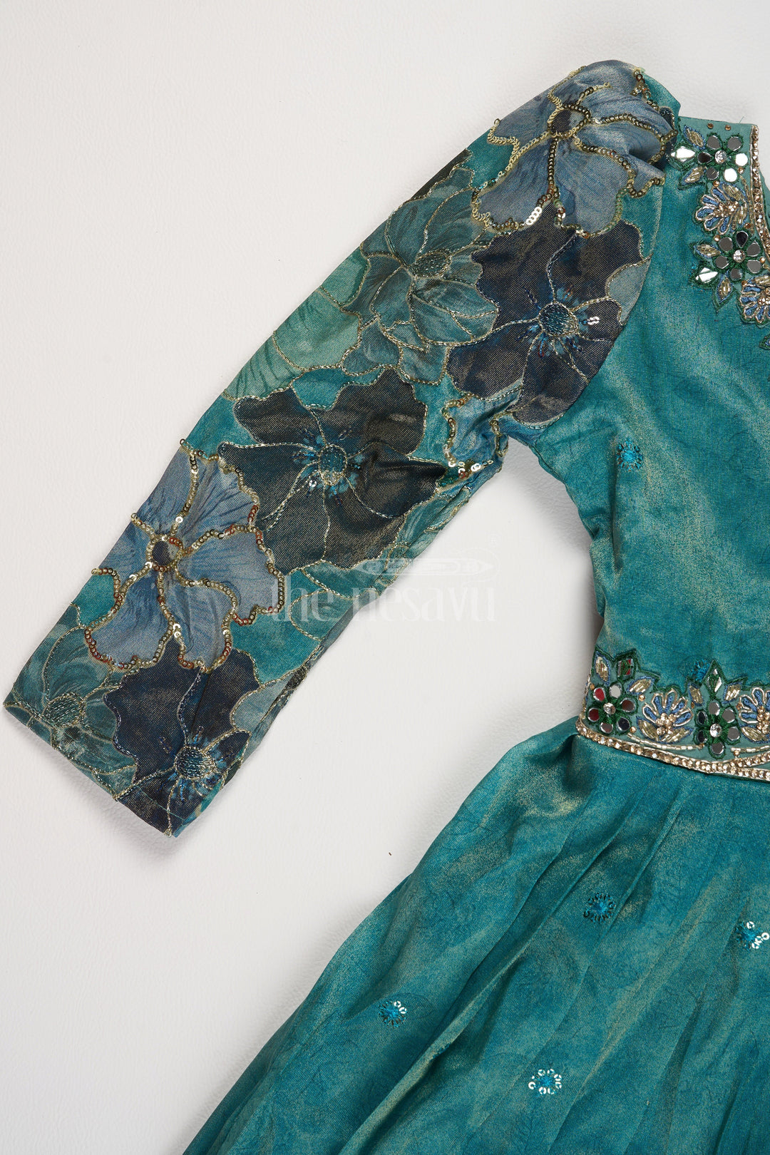 The Nesavu Girls Party Gown Shimmer Tissue Printed Western Girls Party Gown with Embroidery for Birthdays and Festive Gatherings Nesavu Nesavu Turquoise Shimmer Tissue Girls Western Party Gown Embroidery Perfect Birthdays Special Gatherings