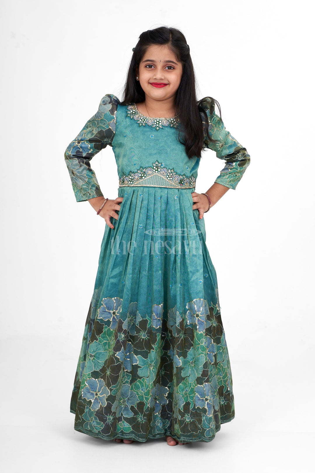 The Nesavu Girls Party Gown Shimmer Tissue Printed Western Girls Party Gown with Embroidery for Birthdays and Festive Gatherings Nesavu Nesavu Turquoise Shimmer Tissue Girls Western Party Gown Embroidery Perfect Birthdays Special Gatherings