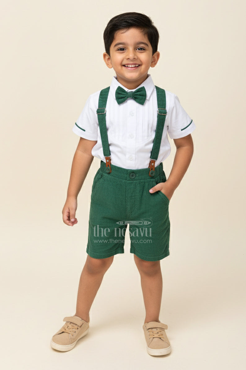 The Nesavu Boys Casual Set Shirt and Bow Tie Sets for Boys in White Cotton with Green Corduroy Shorts and Suspenders Nesavu 12 (3M) / Green BCS320B-12 Nesavu Shirt Bow Tie Sets Boys White Pleated Shirt Green Corduroy Bottom