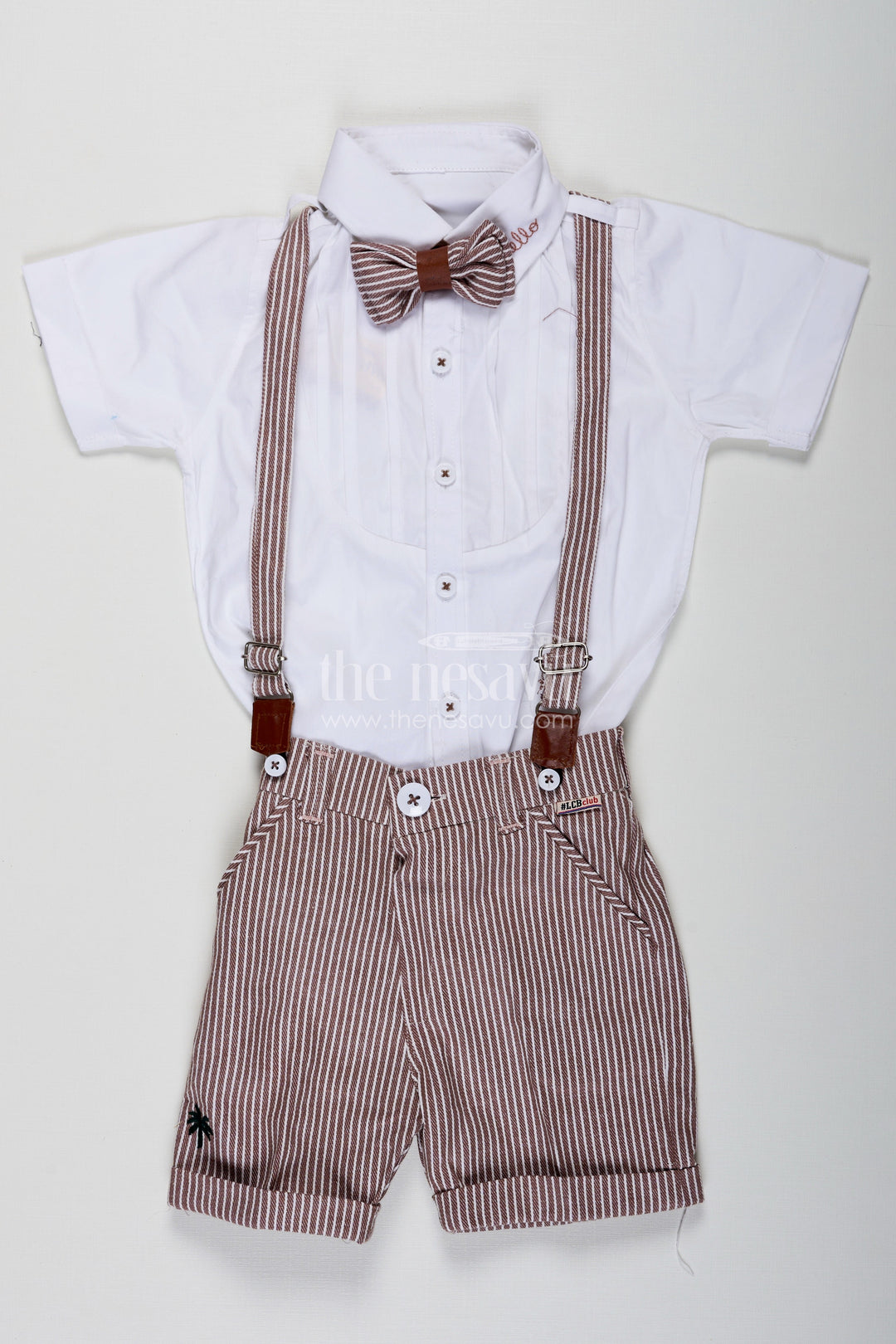 The Nesavu Boys Casual Set Shirt and Shorts Set for Boys with Pintuck Cotton Shirt Brown Stripe Shorts and Matching Accessories Nesavu 16 (1Y) / Brown BCS231B-16 Shirt and Shorts Set for Boys with Pintuck Shirt Matching Bow Tie Belt and Striped Shorts | The Nesavu