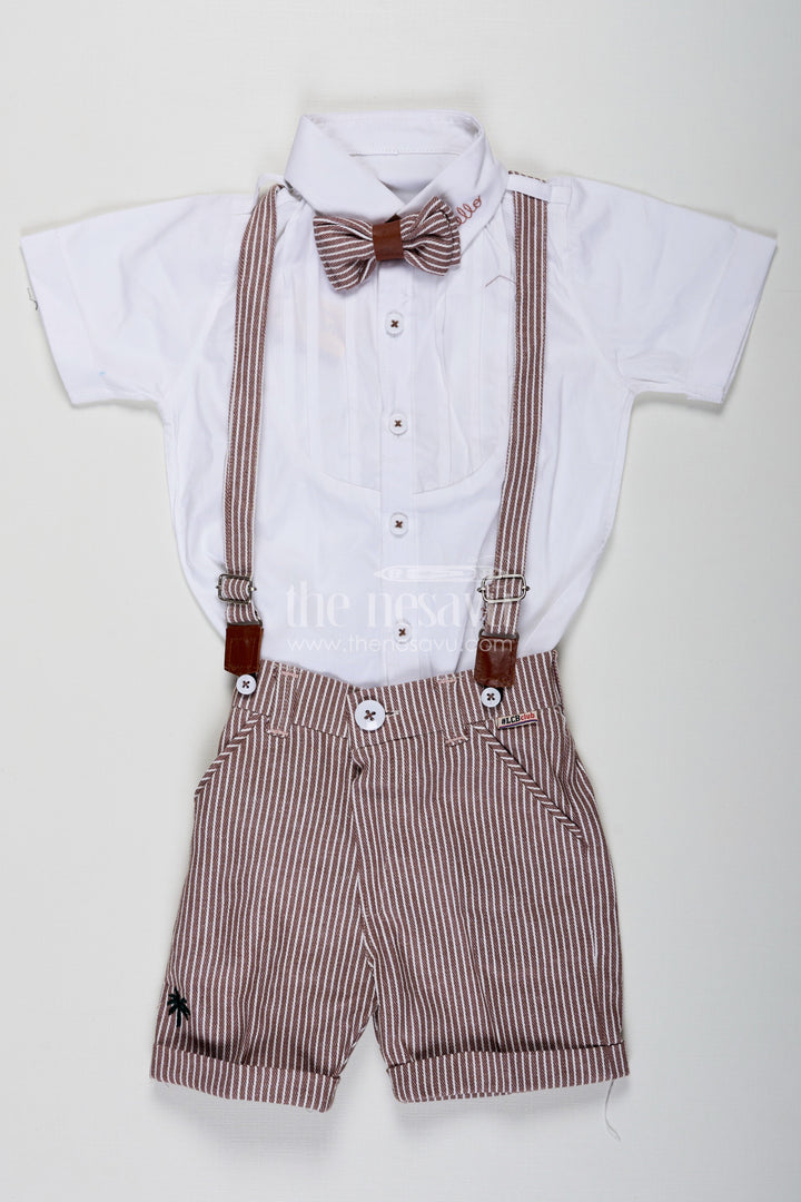 The Nesavu Boys Casual Set Shirt and Shorts Set for Boys with Pintuck Cotton Shirt Brown Stripe Shorts and Matching Accessories Nesavu 16 (1Y) / Brown BCS231B-16 Shirt and Shorts Set for Boys with Pintuck Shirt Matching Bow Tie Belt and Striped Shorts | The Nesavu