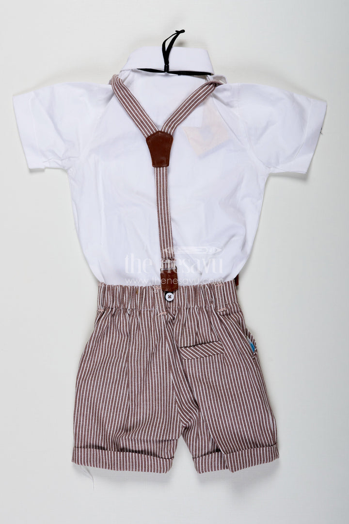 The Nesavu Boys Casual Set Shirt and Shorts Set for Boys with Pintuck Cotton Shirt Brown Stripe Shorts and Matching Accessories Nesavu Shirt and Shorts Set for Boys with Pintuck Shirt Matching Bow Tie Belt and Striped Shorts | The Nesavu