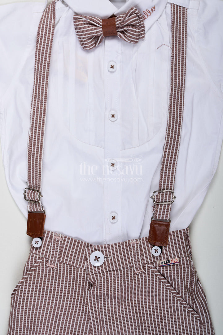 The Nesavu Boys Casual Set Shirt and Shorts Set for Boys with Pintuck Cotton Shirt Brown Stripe Shorts and Matching Accessories Nesavu Shirt and Shorts Set for Boys with Pintuck Shirt Matching Bow Tie Belt and Striped Shorts | The Nesavu