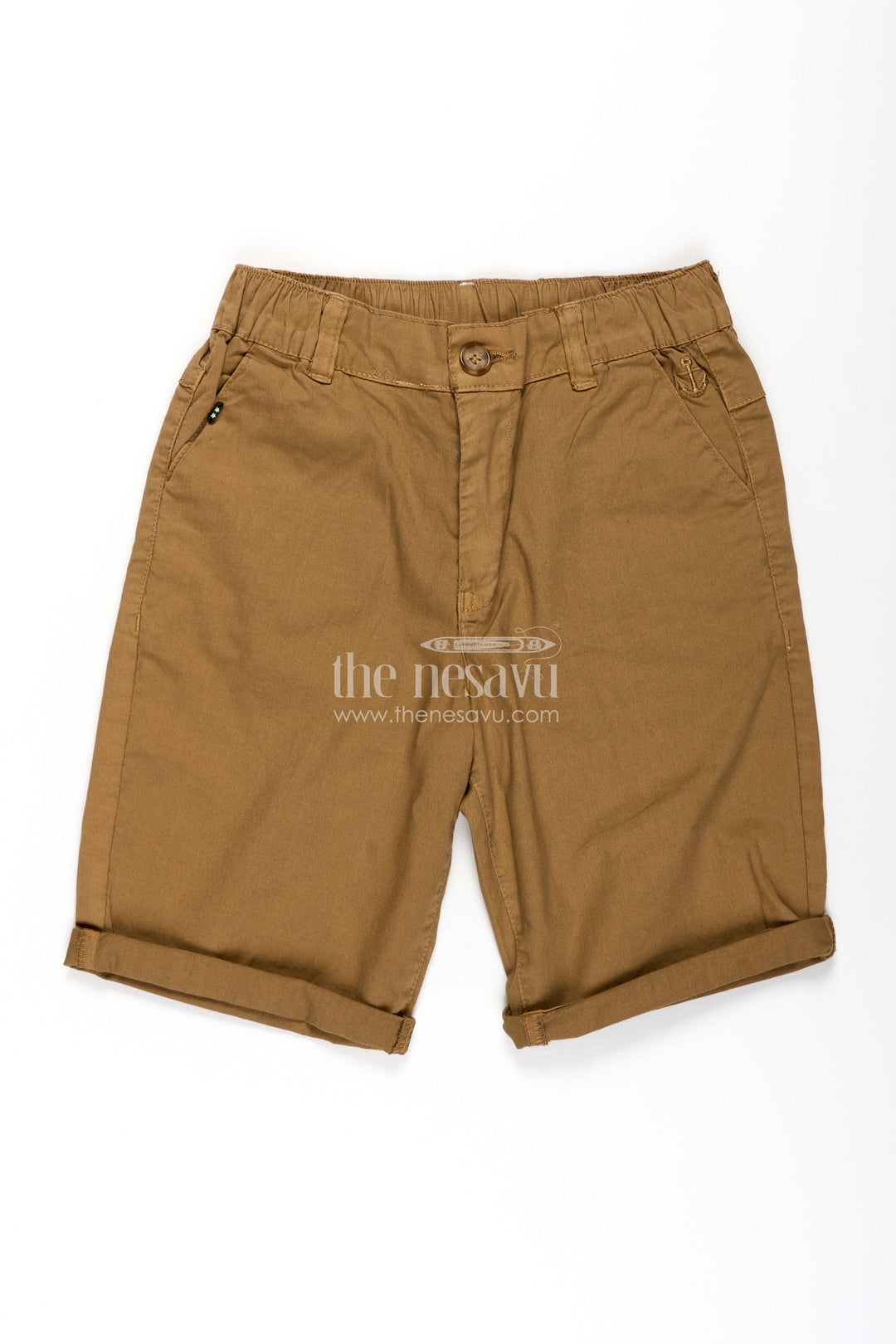The Nesavu Boys Shorts Shirt Shorts for Boys in Mustard Cotton with Rolled Hems and Button Waistband Nesavu 18 (2Y) / Brown BWS018C-18 Shirt Shorts Boys Mustard Cotton Rolled Hem Smart Button Waist | The Nesavu