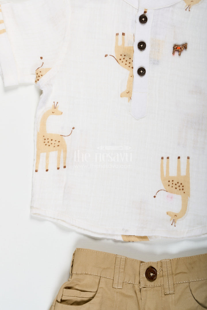 The Nesavu Boys Casual Set Shirt Trouser Set for Boys in Muslin Cotton with Giraffe Print and Button Detail On Cream Shirt and Khaki Shorts Nesavu Shirt Trouser Set for Boys in Muslin Cotton with Giraffe Print Shirt and Comfortable Khaki Shorts | The Nesavu