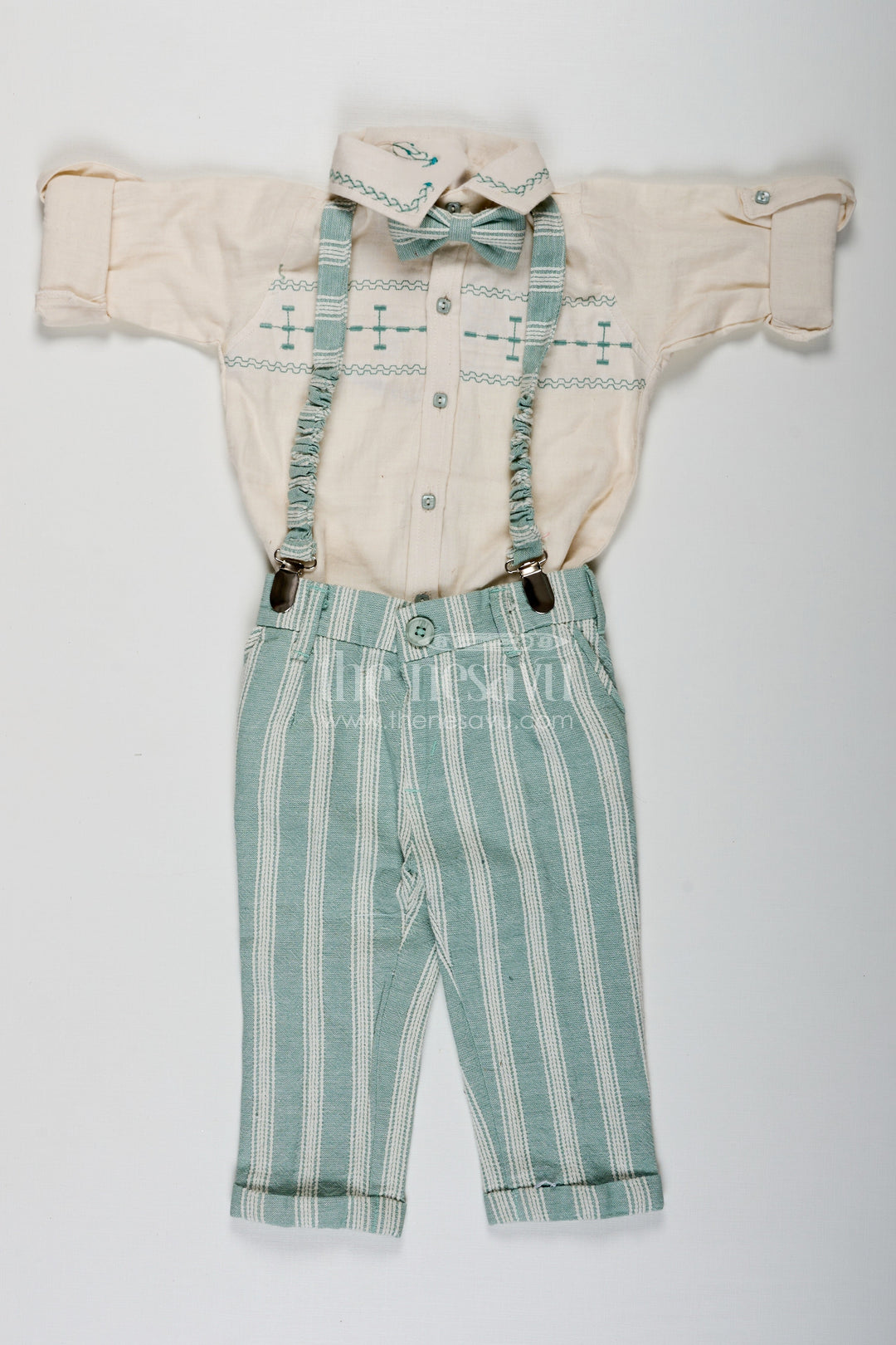 The Nesavu Boys Casual Set Short Sleeve Shirt Set for Boys in Cotton with Thread Embroidery and Green Striped Pants with Matching Cap Nesavu 16 (1Y) / Green BCS225A-16 Short Sleeve Shirt Boys Cotton Set with Thread Embroidery Striped Pants and Matching Cap | The Nesavu