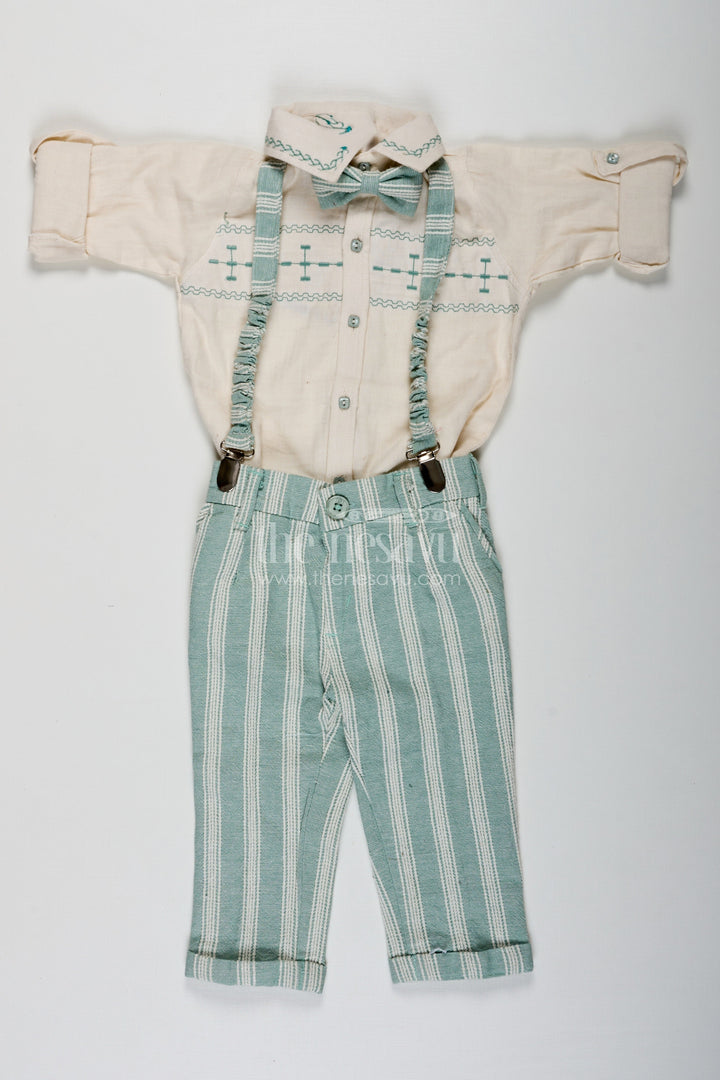 The Nesavu Boys Casual Set Short Sleeve Shirt Set for Boys in Cotton with Thread Embroidery and Green Striped Pants with Matching Cap Nesavu 16 (1Y) / Green BCS225A-16 Short Sleeve Shirt Boys Cotton Set with Thread Embroidery Striped Pants and Matching Cap | The Nesavu