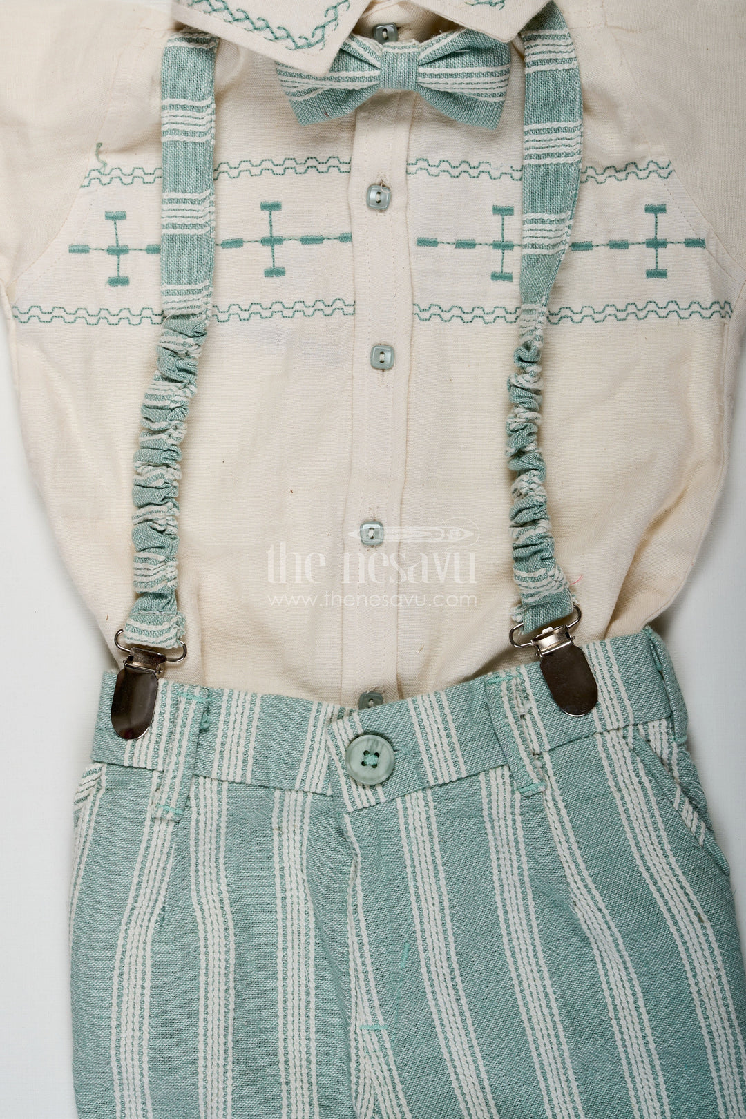The Nesavu Boys Casual Set Short Sleeve Shirt Set for Boys in Cotton with Thread Embroidery and Green Striped Pants with Matching Cap Nesavu Short Sleeve Shirt Boys Cotton Set with Thread Embroidery Striped Pants and Matching Cap | The Nesavu