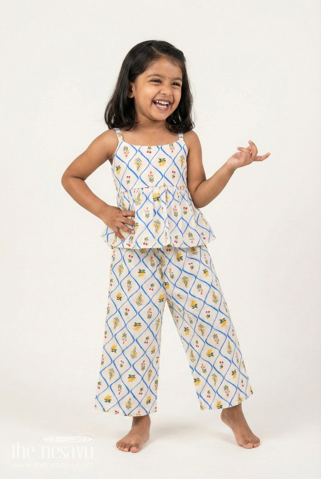 The Nesavu Girls Co-Ord Sets Shoulder Cutout Floral Coord Set for Baby Girls Nesavu 16 (1Y) / White GPS708A-16 Nesavu Girls Floral Summer Co-Ord Set Cold Shoulder Top Palazzo Pants Cotton Print