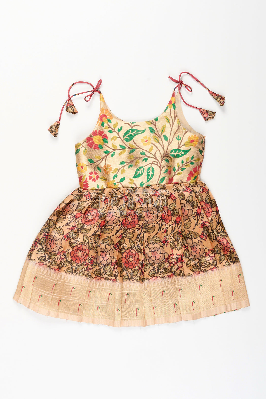 The Nesavu Tie-up Frock Silk Blend Floral Tie-Up Frock for Baby Girls with Traditional Gold Border Nesavu 14 (6M) / Yellow / Style 1 T413A-14 Nesavu baby girl floral tie-up frock in silk blend – ethnic festive frock with gold border