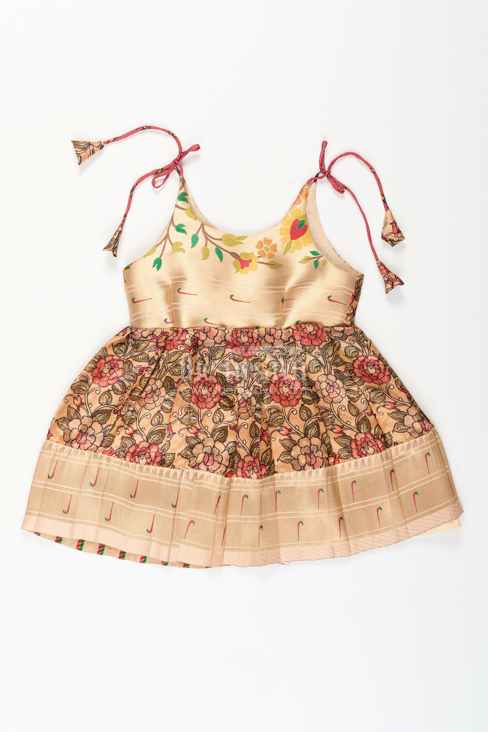 The Nesavu Tie-up Frock Silk Blend Floral Tie-Up Frock for Baby Girls with Traditional Gold Border Nesavu 14 (6M) / Yellow / Style 2 T413B-14 Nesavu baby girl floral tie-up frock in silk blend – ethnic festive frock with gold border