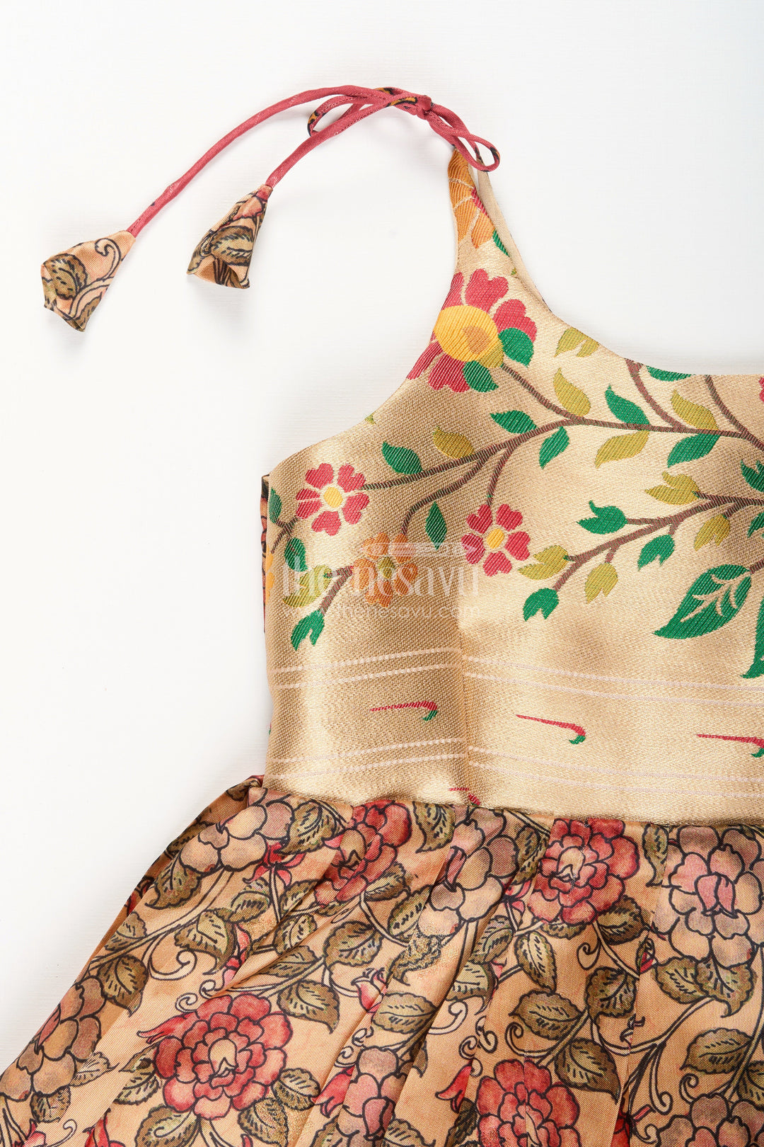 The Nesavu Tie-up Frock Silk Blend Floral Tie-Up Frock for Baby Girls with Traditional Gold Border Nesavu Nesavu baby girl floral tie-up frock in silk blend – ethnic festive frock with gold border