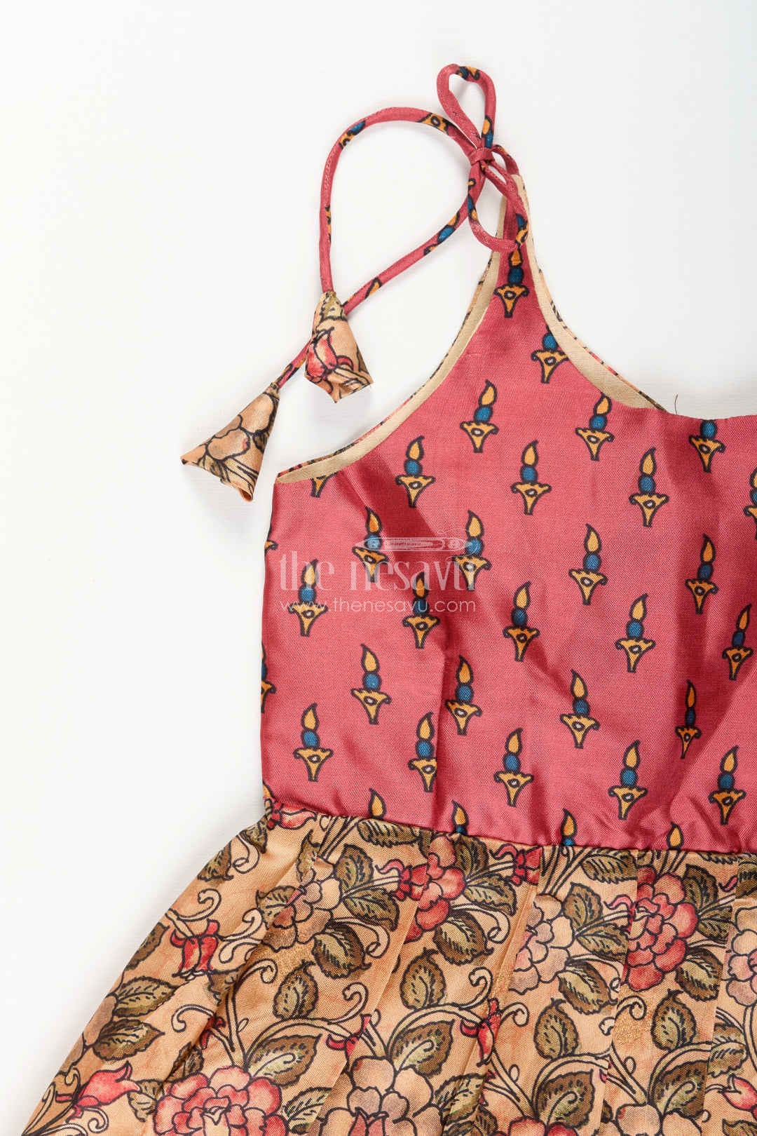 The Nesavu Tie-up Frock Silk Blend Floral Tie-Up Frock for Baby Girls with Traditional Gold Border Nesavu Nesavu baby girl floral tie-up frock in silk blend – ethnic festive frock with gold border