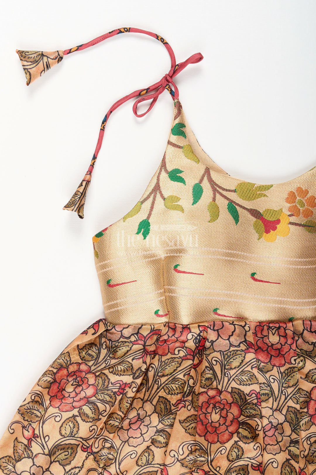 The Nesavu Tie-up Frock Silk Blend Floral Tie-Up Frock for Baby Girls with Traditional Gold Border Nesavu Nesavu baby girl floral tie-up frock in silk blend – ethnic festive frock with gold border