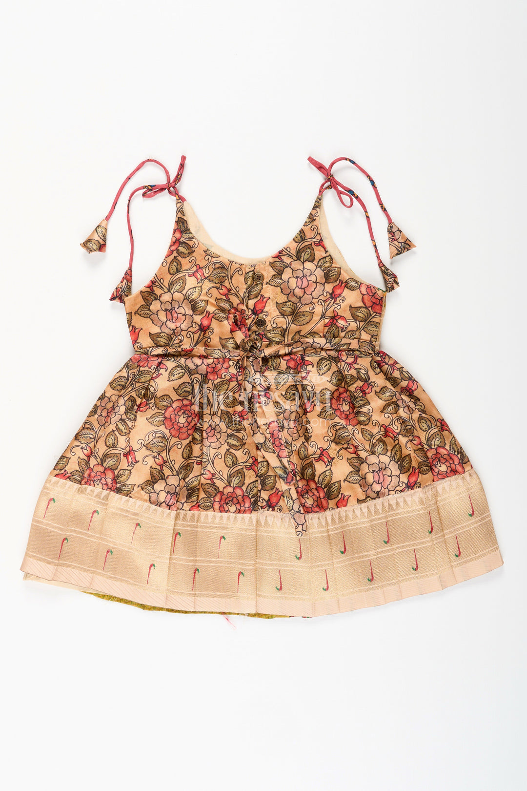 The Nesavu Tie-up Frock Silk Blend Floral Tie-Up Frock for Baby Girls with Traditional Gold Border Nesavu Nesavu baby girl floral tie-up frock in silk blend – ethnic festive frock with gold border
