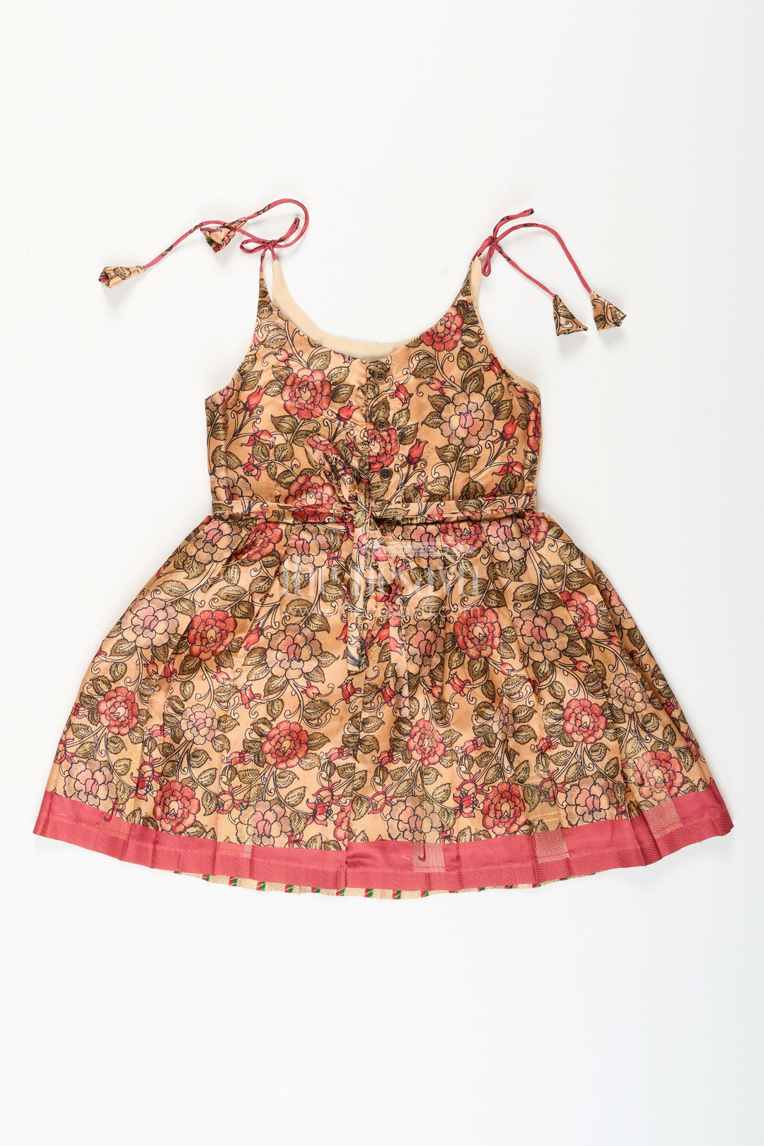 The Nesavu Tie-up Frock Silk Blend Floral Tie-Up Frock for Baby Girls with Traditional Gold Border Nesavu Nesavu baby girl floral tie-up frock in silk blend – ethnic festive frock with gold border