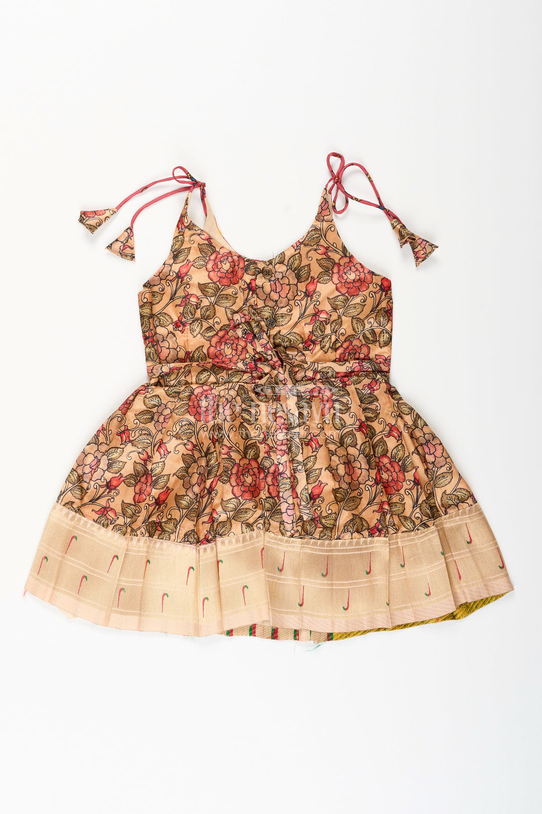 The Nesavu Tie-up Frock Silk Blend Floral Tie-Up Frock for Baby Girls with Traditional Gold Border Nesavu Nesavu baby girl floral tie-up frock in silk blend – ethnic festive frock with gold border