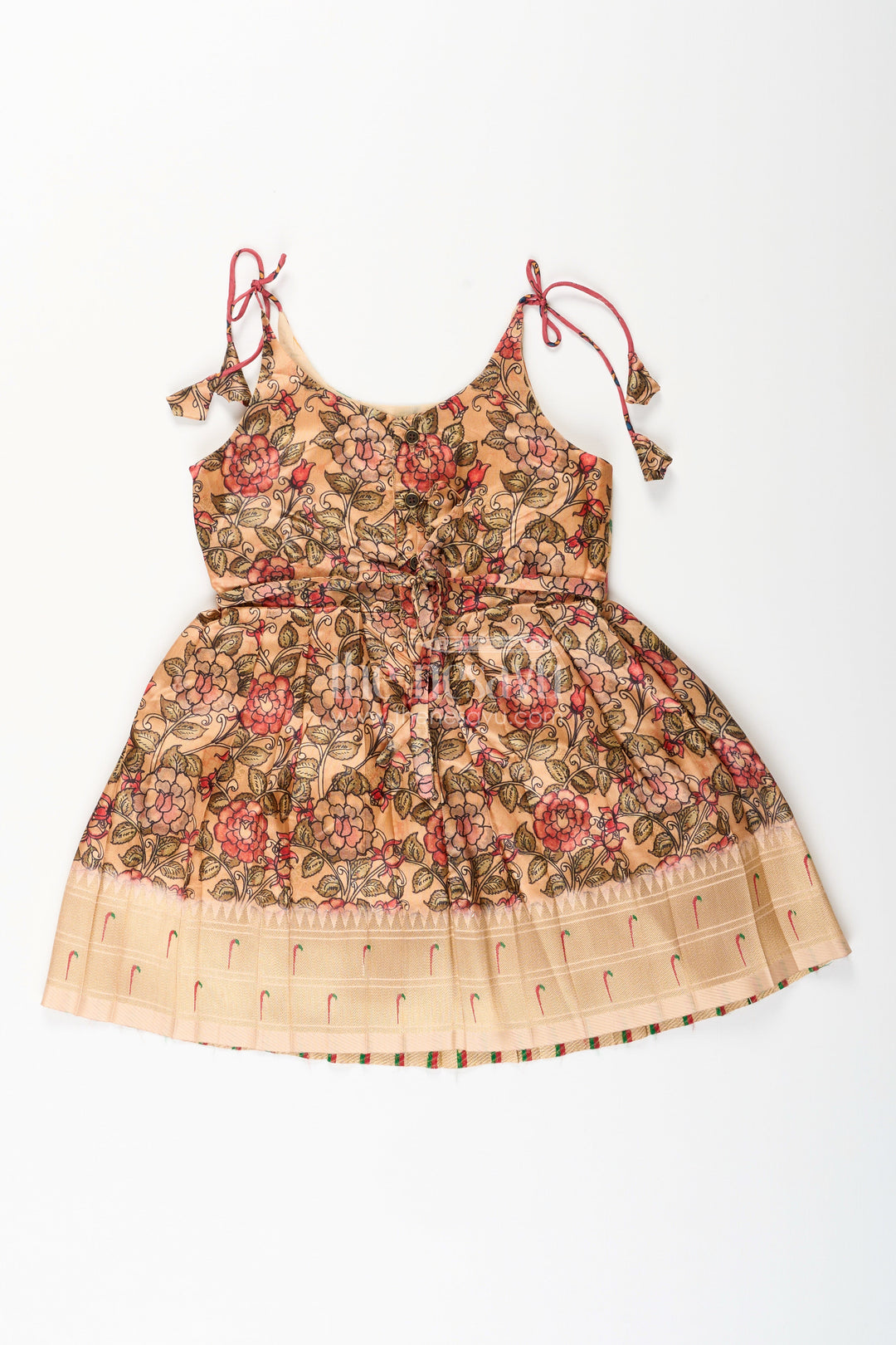 The Nesavu Tie-up Frock Silk Blend Floral Tie-Up Frock for Baby Girls with Traditional Gold Border Nesavu Nesavu baby girl floral tie-up frock in silk blend – ethnic festive frock with gold border