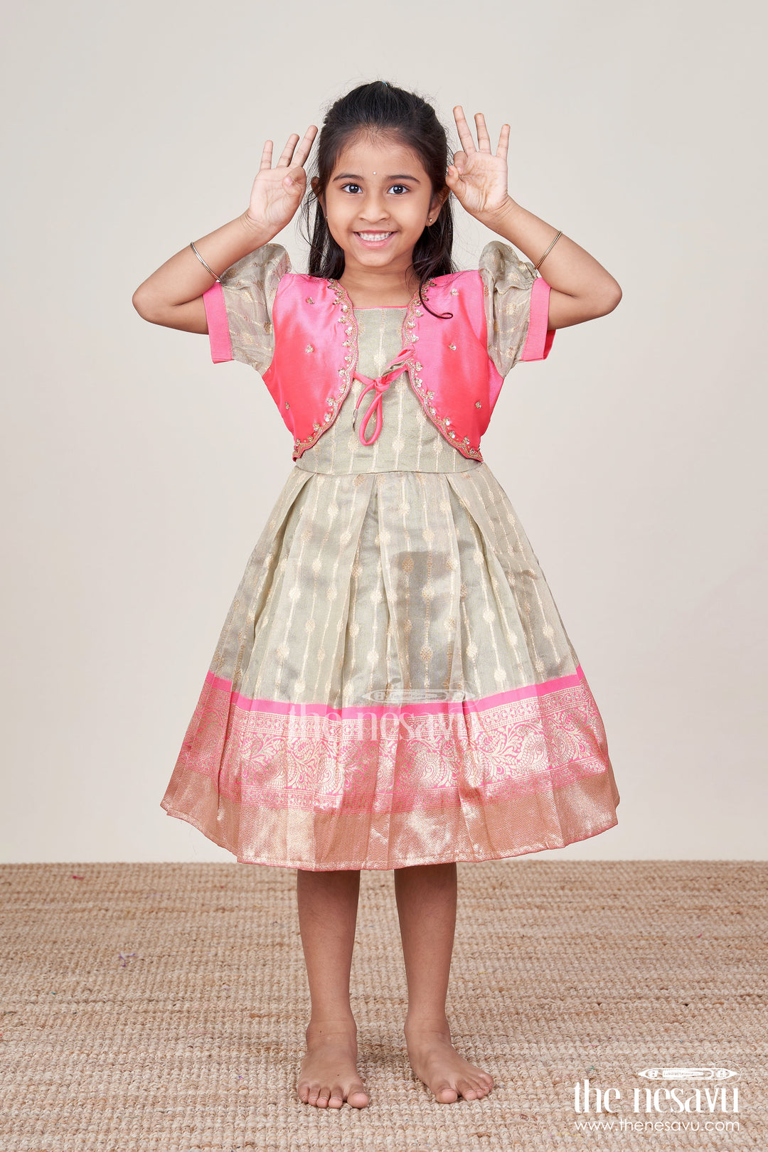 The Nesavu Silk Party Frock Silk Blend Frock for Girls with Zari Details for Cultural Functions and Photoshoots Nesavu 16 (1Y) / Gray SF1050A-16 Nesavu silk party frock baby girls zari tissue skirt  perfect cultural events celebrations