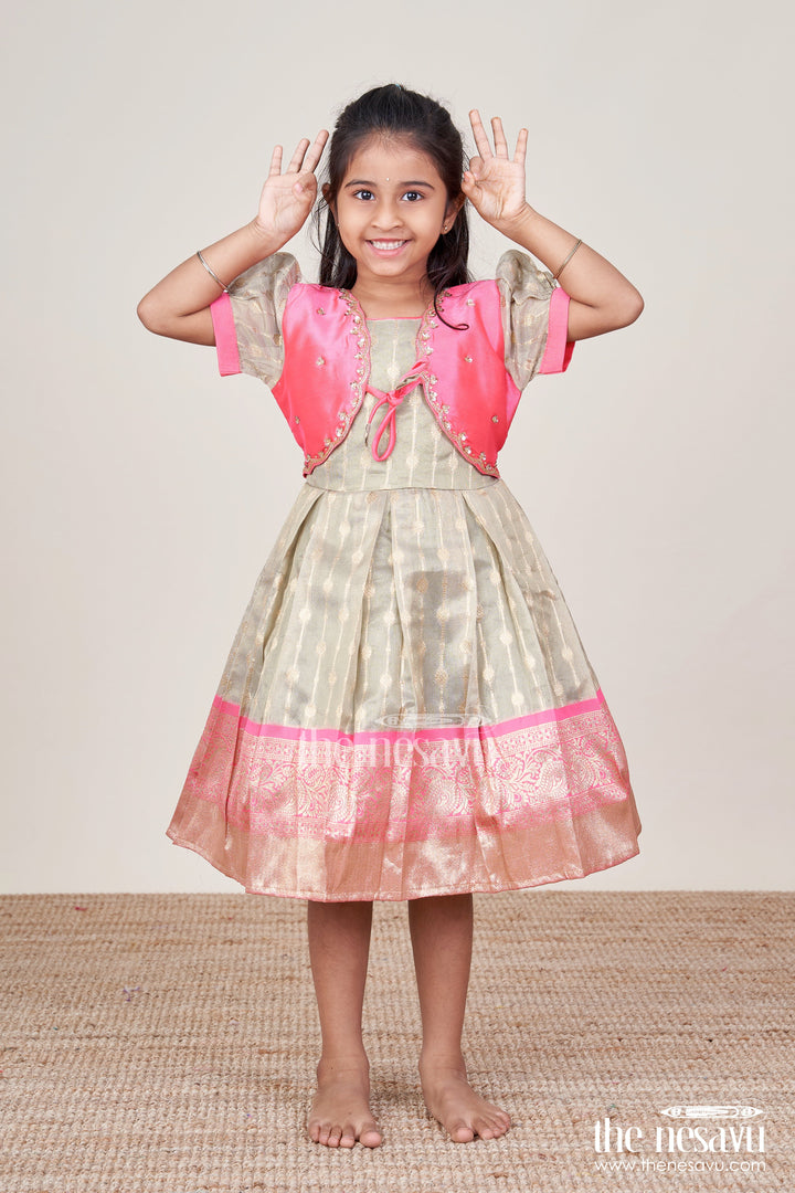 The Nesavu Silk Party Frock Silk Blend Frock for Girls with Zari Details for Cultural Functions and Photoshoots Nesavu 16 (1Y) / Gray SF1050A-16 Nesavu silk party frock baby girls zari tissue skirt  perfect cultural events celebrations