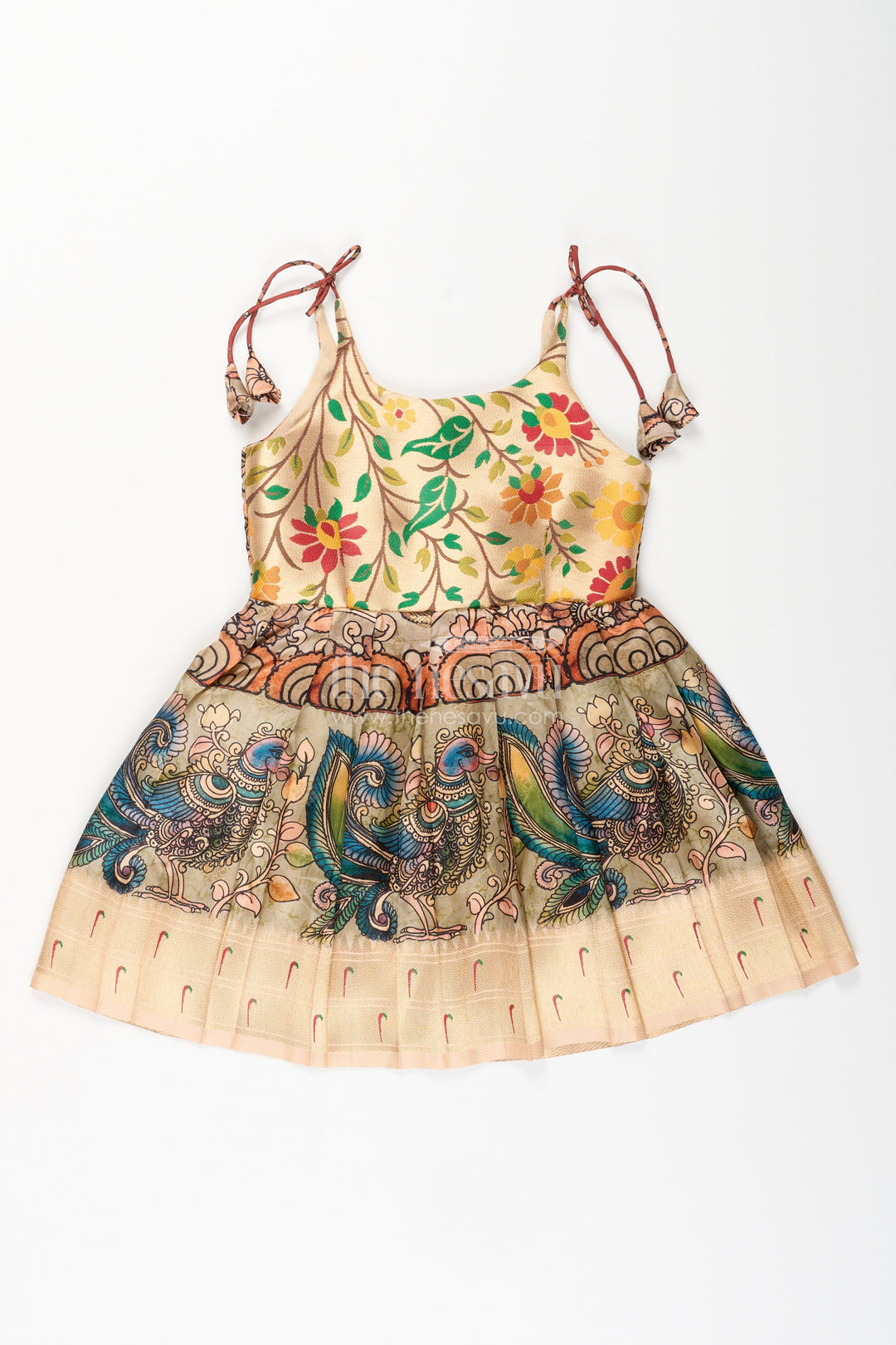 The Nesavu Tie-up Frock Silk Blend Kalamkari Tie-Up Frock for Baby Girls with Peacock Border Nesavu 14 (6M) / Yellow / Style 1 T412A-14 Nesavu Kalamkari silk blend tie-up frock for baby girls – peacock motif festive dress