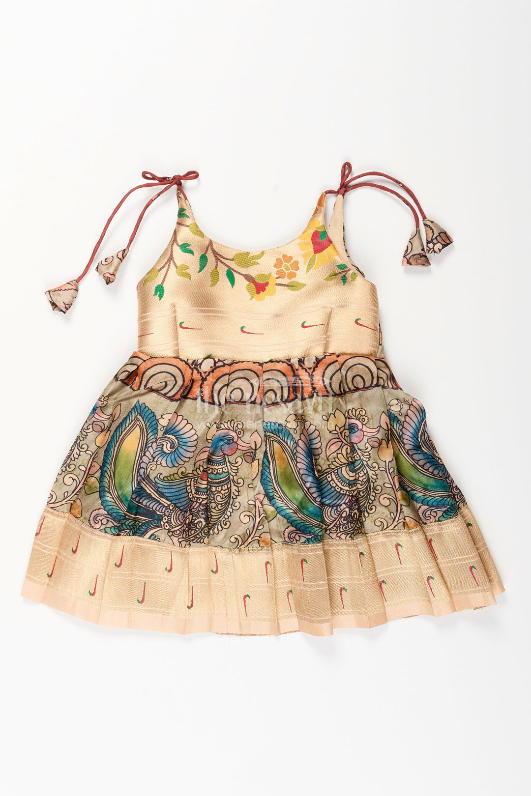 The Nesavu Tie-up Frock Silk Blend Kalamkari Tie-Up Frock for Baby Girls with Peacock Border Nesavu 14 (6M) / Yellow / Style 2 T412B-14 Nesavu Kalamkari silk blend tie-up frock for baby girls – peacock motif festive dress