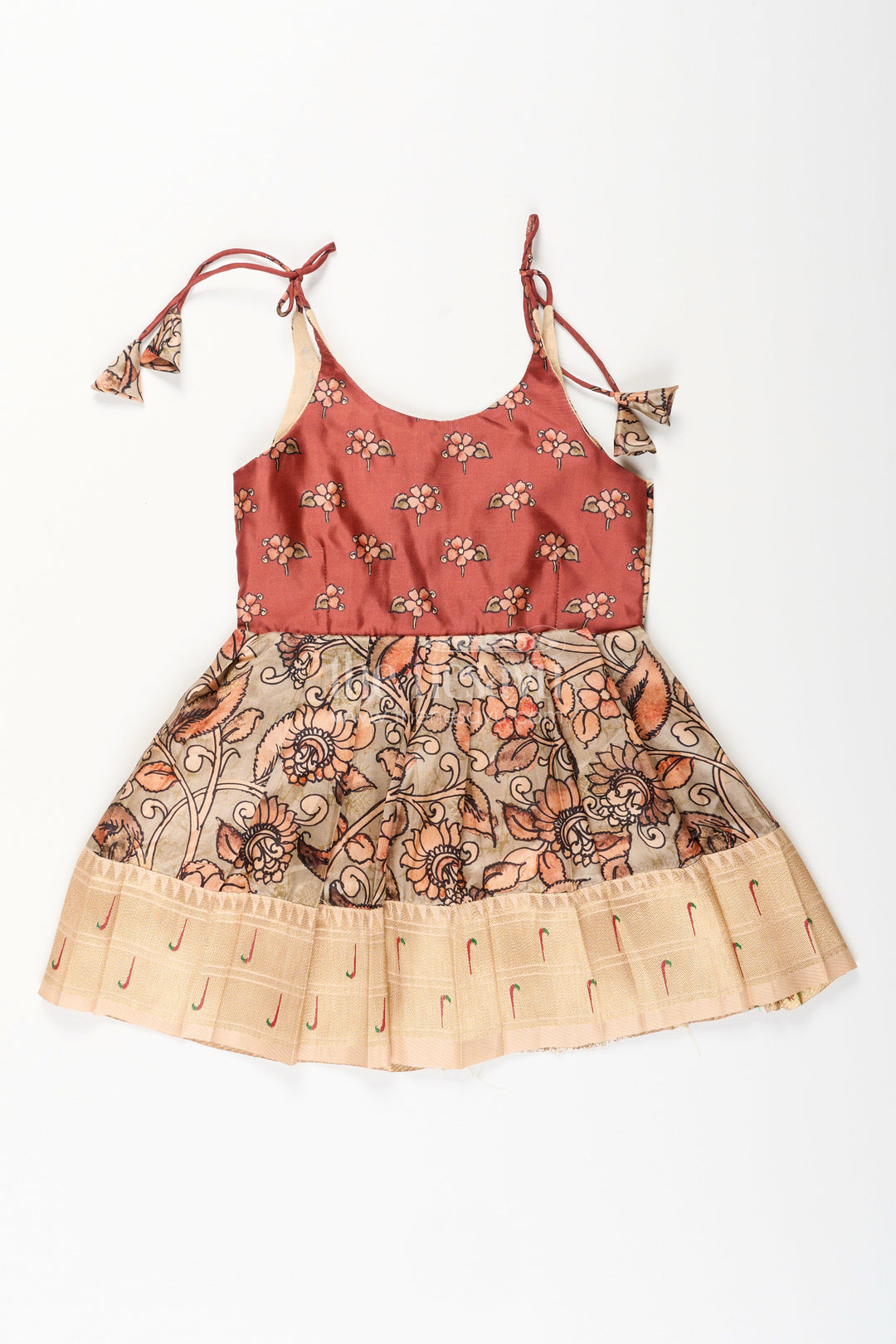 The Nesavu Tie-up Frock Silk Blend Kalamkari Tie-Up Frock for Baby Girls with Peacock Border Nesavu 14 (6M) / Yellow / Style 3 T412C-14 Nesavu Kalamkari silk blend tie-up frock for baby girls – peacock motif festive dress