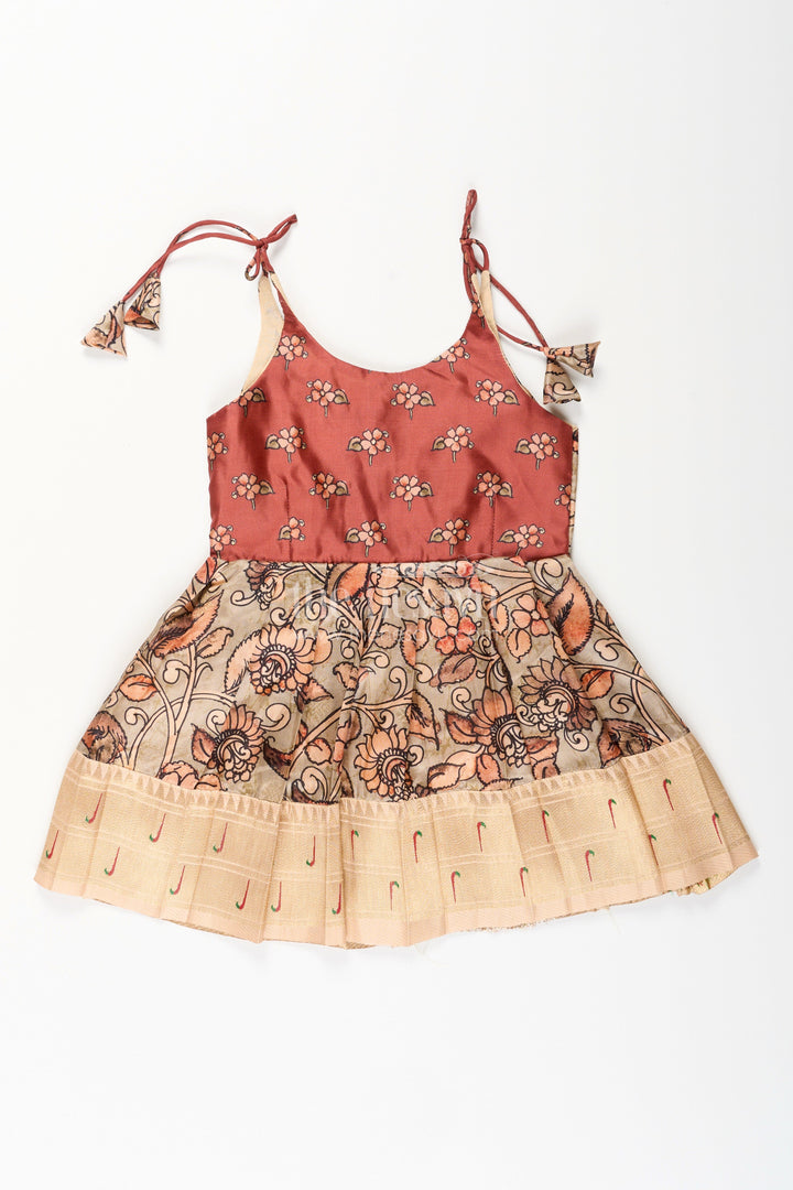 The Nesavu Tie-up Frock Silk Blend Kalamkari Tie-Up Frock for Baby Girls with Peacock Border Nesavu 14 (6M) / Yellow / Style 3 T412C-14 Nesavu Kalamkari silk blend tie-up frock for baby girls – peacock motif festive dress