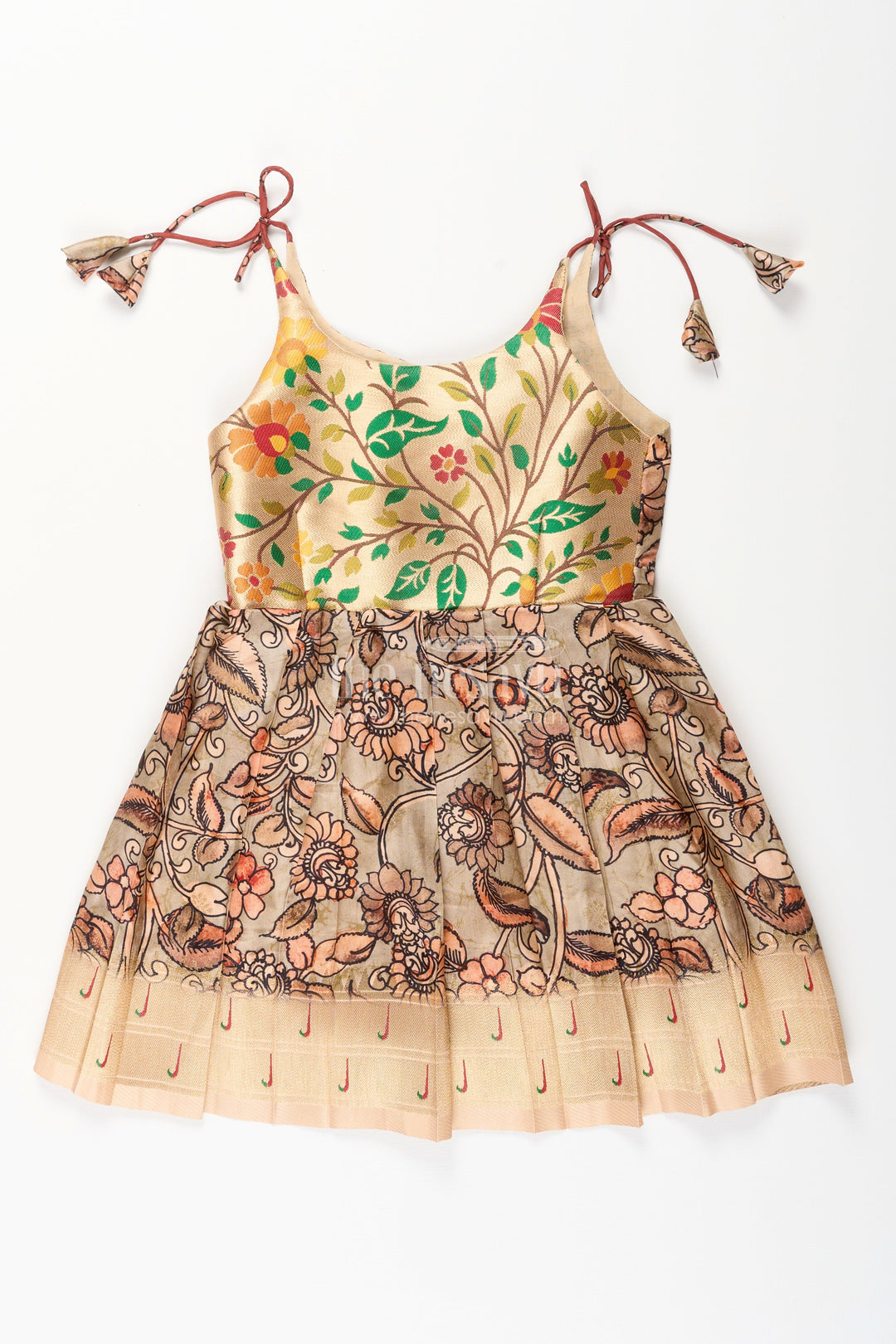 The Nesavu Tie-up Frock Silk Blend Kalamkari Tie-Up Frock for Baby Girls with Peacock Border Nesavu 14 (6M) / Yellow / Style 4 T412D-14 Nesavu Kalamkari silk blend tie-up frock for baby girls – peacock motif festive dress