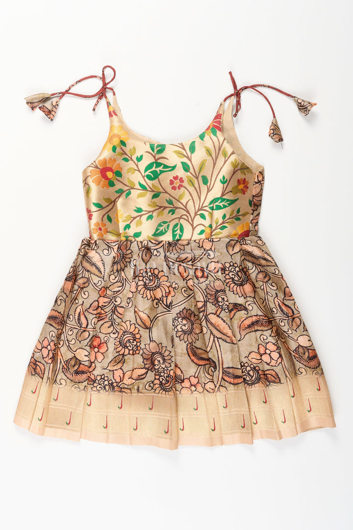 The Nesavu Tie-up Frock Silk Blend Kalamkari Tie-Up Frock for Baby Girls with Peacock Border Nesavu 14 (6M) / Yellow / Style 4 T412D-14 Nesavu Kalamkari silk blend tie-up frock for baby girls – peacock motif festive dress