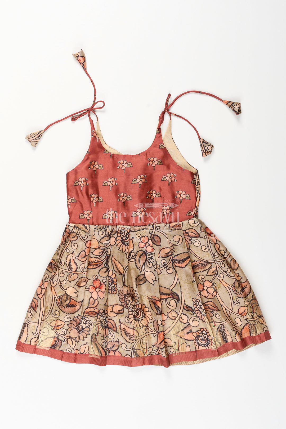 The Nesavu Tie-up Frock Silk Blend Kalamkari Tie-Up Frock for Baby Girls with Peacock Border Nesavu 16 (1Y) / Yellow / Style 5 T412E-16 Nesavu Kalamkari silk blend tie-up frock for baby girls – peacock motif festive dress